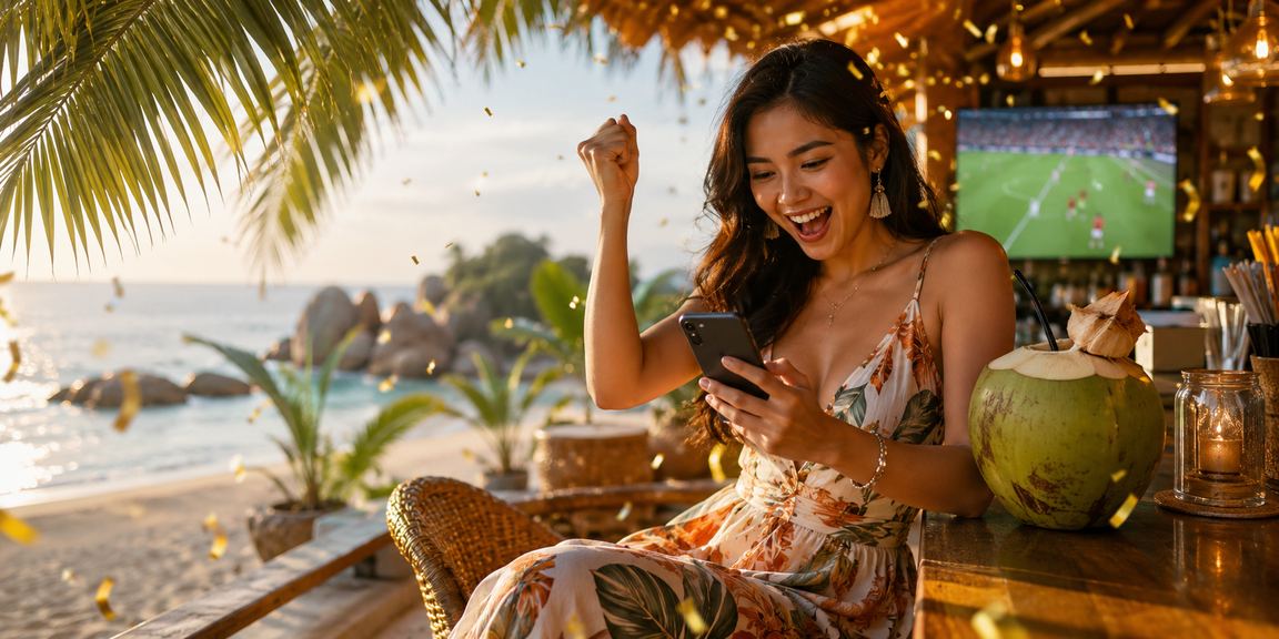 Seseorang bermain kasino mobile di pantai dengan suasana santai dan seimbang