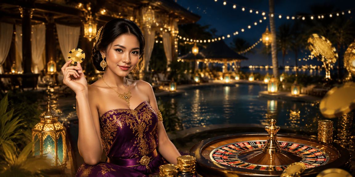 Meja roulette berwarna-warni dalam suasana festival kasino yang semarak