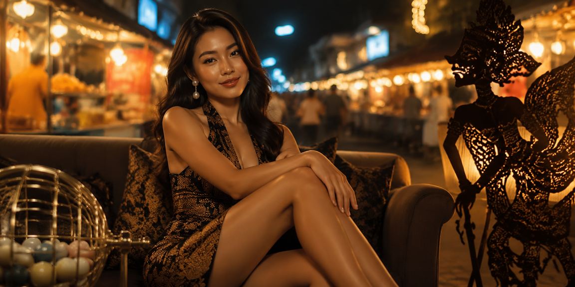 Pengunjung pasar malam memeriksa tiket undian dan data statistik di ponsel secara bersamaan
